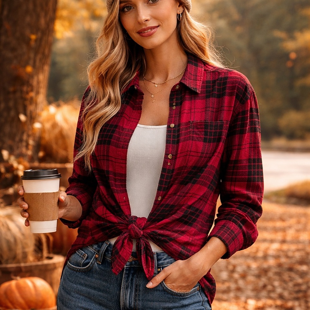 Dash Red & Black Plaid Flannel Button Down Shirt Women Small Casual Grunge Fall